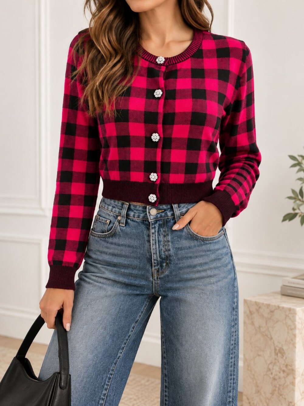 Aqua Pink and Black Buffalo Check Button Down Cardigan